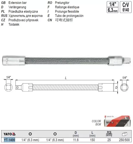 YATO YT-1400 Flexibilis behajtószár 1/4" x 1/4" 150 mm