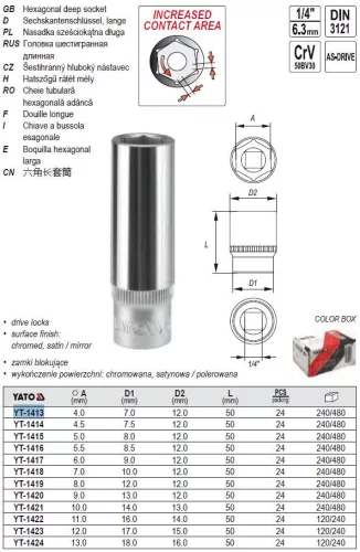 YATO YT-1413 Hosszú dugókulcs 1/4" 4 mm CrV