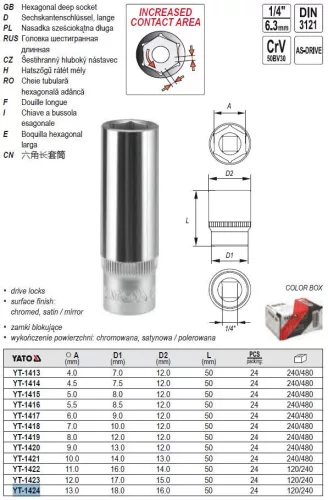 YATO YT-1424 Hosszú dugókulcs 1/4" 13 mm CrV