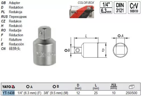 YATO YT-1438 Dugókulcs adapter 1/4" -> 3/8" CrV