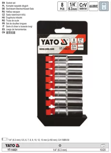 YATO YT-14431 Hosszú dugókulcs készlet 8 részes 1/4" 5,5-13 mm CrV