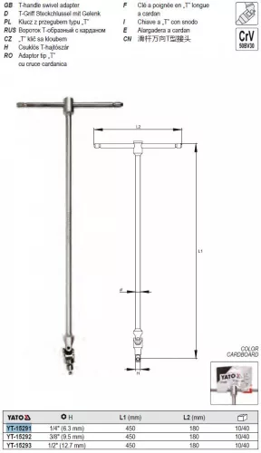 YATO YT-15291 T-alakú hajtókar csuklós 1/4" 450 mm CrV