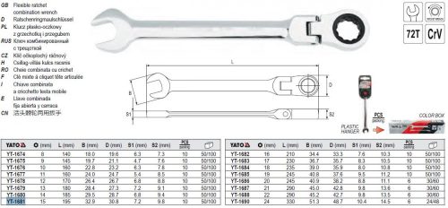 YATO YT-1681 Racsnis csuklós csillag-villáskulcs 15 mm / 195 mm 72T CrV