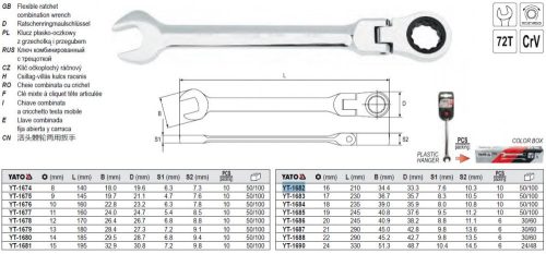 YATO YT-1682 Racsnis csuklós csillag-villáskulcs 16 mm / 210 mm 72T CrV