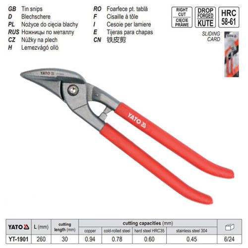 YATO YT-1901 Lemezvágó olló 260 mm jobbos CrMo