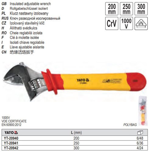 YATO YT-20940 Állítható villáskulcs 0-30 mm / 200 mm 1000 V-ig szigetelt CrV