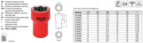 YATO YT-21008 Szigetelt dugókulcs 3/8" 8 mm 1000 V CrV