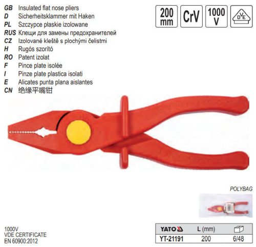 YATO YT-21191 Laposorrú fogó 200 mm teljesen 1000 V-ig szigetelt