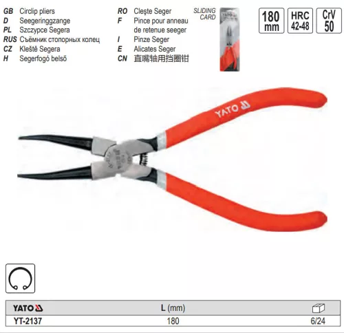 YATO YT-2137 Seeger fogó 180 mm belső egyenes