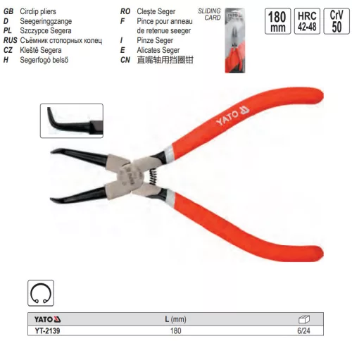 YATO YT-2139 Seeger fogó 180 mm belső hajlított