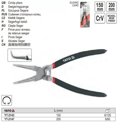 YATO YT-2143 Seeger fogó 150 mm belső hajlított
