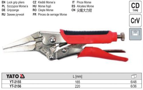 YATO YT-2155 Hosszúcsőrű önzáró fogó 165 mm gumírozott nyél