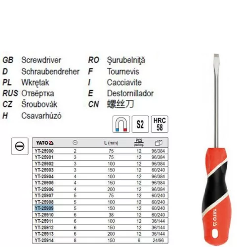 YATO YT-25909 Csavarhúzó lapos 5 x 150 mm mágneses S2