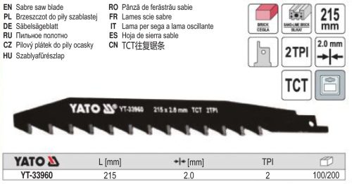 YATO YT-33960 Szablyafűrészlap 215 mm/2TPI TCT