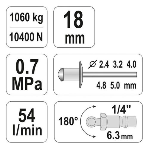 YATO YT-36171 Pneumatikus popszegecshúzó 1/4", 0,7 MPa, 54 l/min