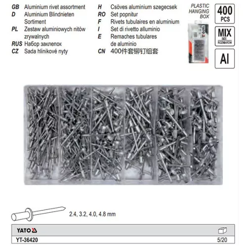 YATO YT-36420 Alumínium popszegecs készlet 400 db