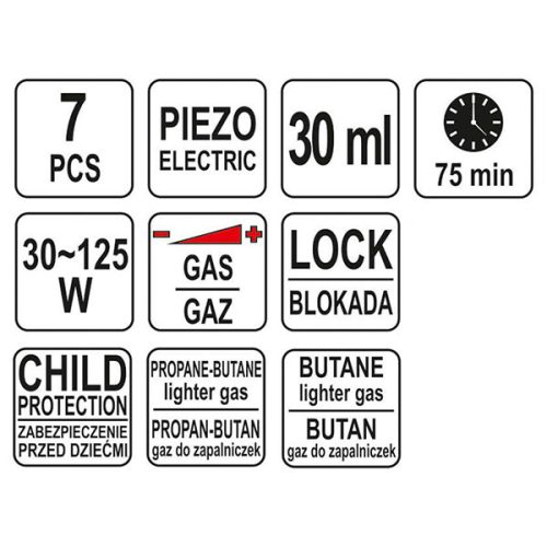 YATO YT-36706 Forrasztópáka készlet 7 részes, bután gáz üzemű (gáz nélkül) Piezo