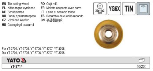 YATO YT-3714 Csempevágó kerék 22 x 11 x 2 mm YT-3705, YT-3706, YT-3707, YT-3708 csempevágóhoz
