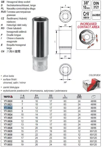 YATO YT-3822 Hosszú dugókulcs 3/8" 8 mm CrV