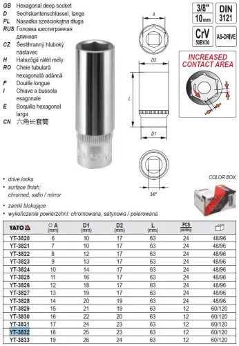 YATO YT-3832 Hosszú dugókulcs 3/8" 18 mm CrV