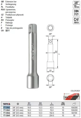 YATO YT-3842 Dugókulcs toldószár 3/8" 42 mm CrV