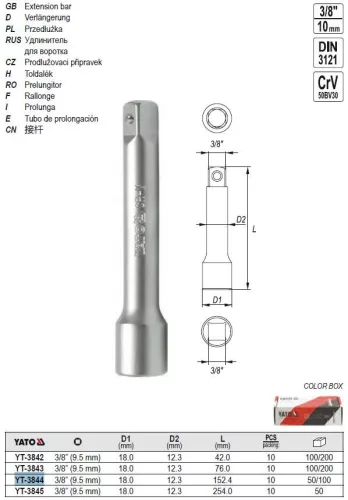 YATO YT-3844 Dugókulcs toldószár 3/8" 152,4 mm CrV