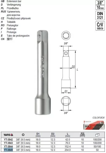 YATO YT-3845 Dugókulcs toldószár 3/8" 254 mm CrV