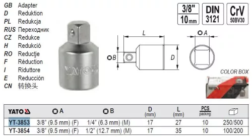 YATO YT-3853 Dugókulcs adapter 3/8" -> 1/4" CrV