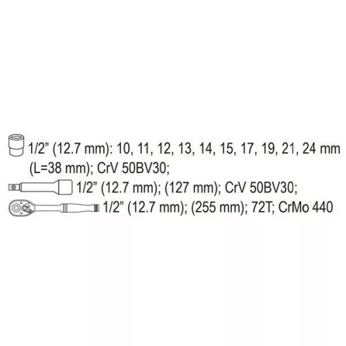 YATO YT-38671 Dugókulcs készlet 12 részes 1/2" 10-24 mm CrV