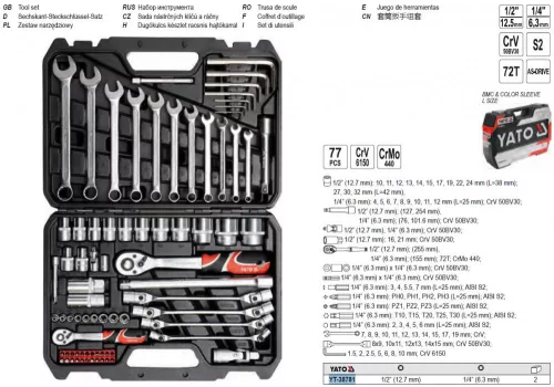 YATO YT-38781 Dugókulcs készlet 77 részes 1/4", 1/2" CrV