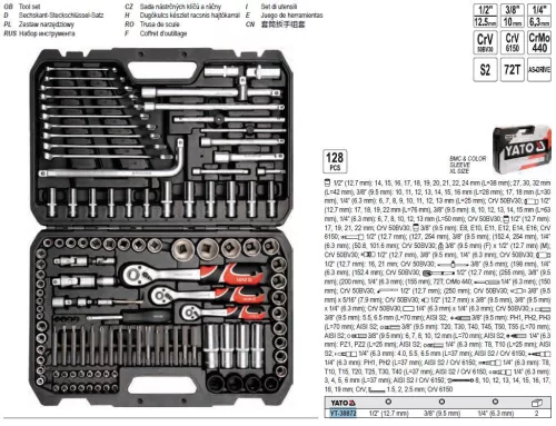 YATO YT-38872 Dugókulcs készlet 128 részes 1/4", 3/8", 1/2" CrV