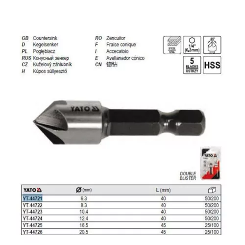 YATO YT-44721 Kúpos süllyesztő fémre 6,3 mm bit befogású HSS