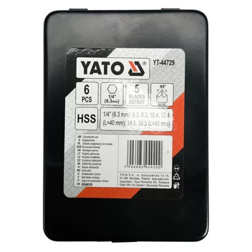 YATO YT-44729 Kúpos süllyesztő készlet fémre 6 részes (6,3-8,3-10,4-12,4-16,5-20,5 mm) bit befogású HSS