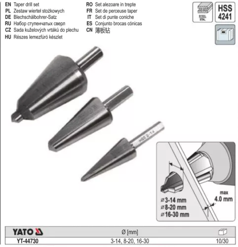 YATO YT-44730 Lépcsős fúró készlet 3 részes inox