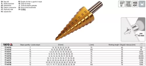 YATO YT-44742 Lépcsős fúró 10-45 mm 8 lépcsős HSS titán-nitrid