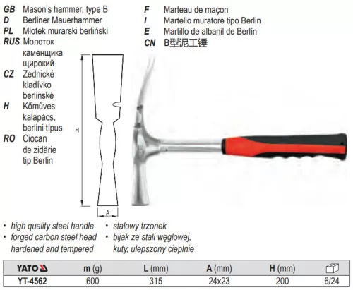 YATO YT-4562 Kőműves kalapács 600 g fémnyél berlini típus