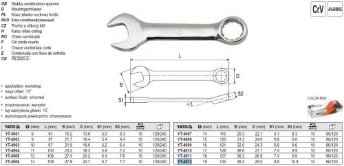 YATO YT-4912 Rövid csillag-villáskulcs 19 mm / 135 mm CrV