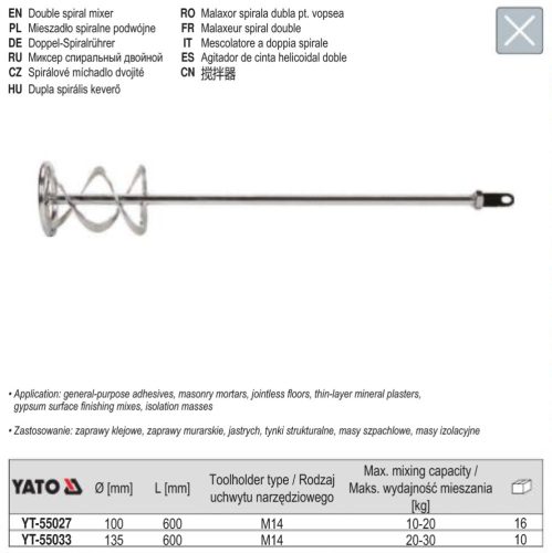 YATO YT-55033 Keverőszár (habarcs) 135 x 600 mm M14