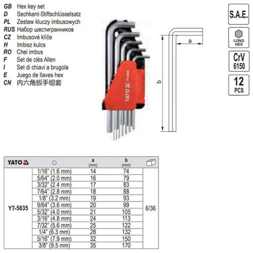 YATO YT-5835 Imbuszkulcs készlet 12 részes 1/16"-3/8" CrV