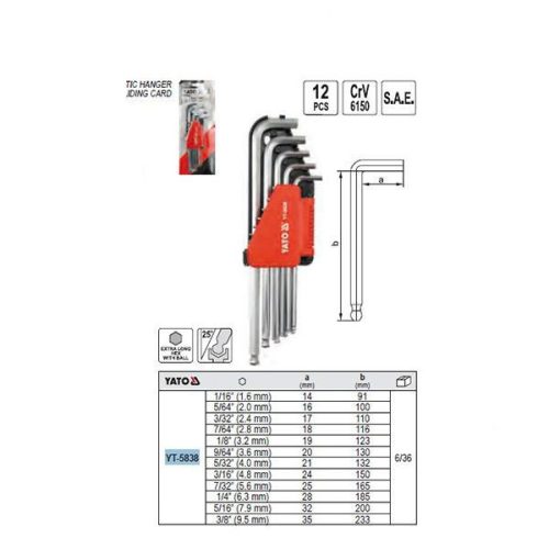 YATO YT-5838 Hosszú gömbfejű imbuszkulcs készlet 12 részes 1/16"-3/8" CrV