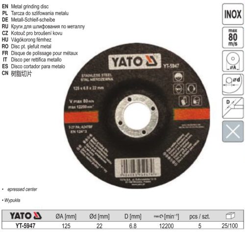 YATO YT-5947 Tisztítókorong fémre 125 x 6,8 x 22,2 mm inox