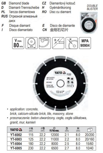 YATO YT-6004 Gyémánt vágókorong 180 x 2,5 x 8,0 x 22,2 mm szegmentált
