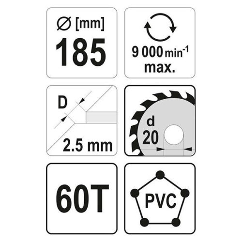 YATO YT-60627 Fűrésztárcsa PVC-hez 185 x 20 x 1,5 mm / 60T