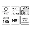 YATO YT-60631 Fűrésztárcsa laminált padlóhoz 185 x 20 x 1,4 mm / 140T