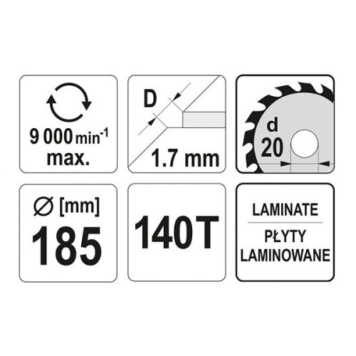 YATO YT-60631 Fűrésztárcsa laminált padlóhoz 185 x 20 x 1,4 mm / 140T