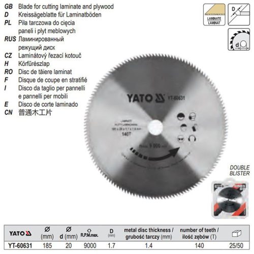 YATO YT-60631 Fűrésztárcsa laminált padlóhoz 185 x 20 x 1,4 mm / 140T