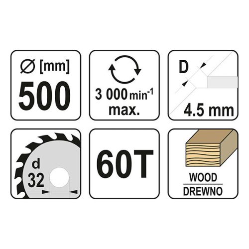YATO YT-60871 Fűrésztárcsa fához 500 x 32 x 2,9 mm / 60T