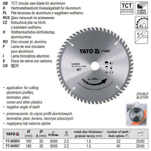 YATO YT-60907 Fűrésztárcsa alumíniumhoz 180 x 20 x 1,5 mm / 60T