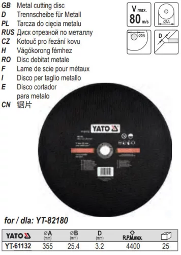 YATO YT-61132 Vágókorong fémre 355 x 3,2 x 25,4 mm