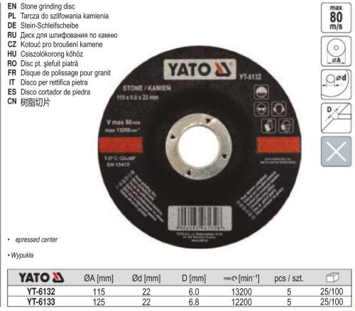 YATO YT-6133 Tisztítókorong kőre 125 x 6,8 x 22,2 mm